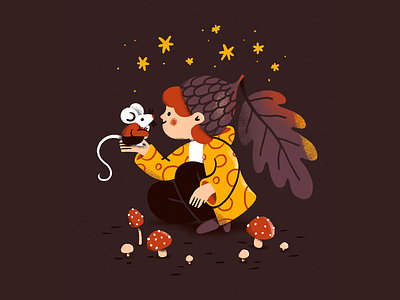 Little Friend acorn hat cozy cute digital illustration friends girl illustration mouse mushroom pet procreate stars