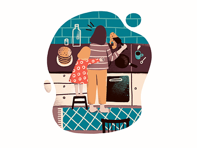 Sunday Pancakes cooking digital illustration family girl illustration kitchen pancakes procreate