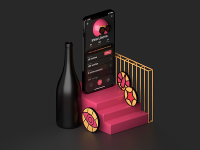 3D illustration for Vivino app 3d achievement app bottle c4d dark app illustraion phone profile ui