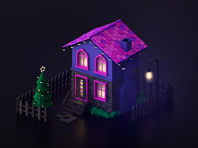 C4D House illustration 3d christmas dark design home house illustration isometry pink ui