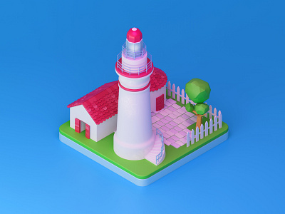 Lighthouse 3d barn blue c4d house illustration lighthouse pink tile ui white