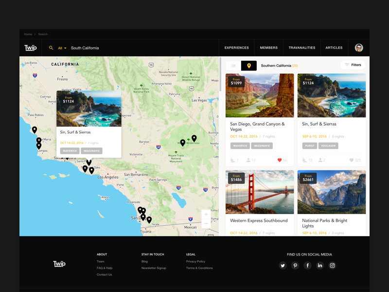 TWIP - map view website view trip travel tooltip social search pin photos map info cards