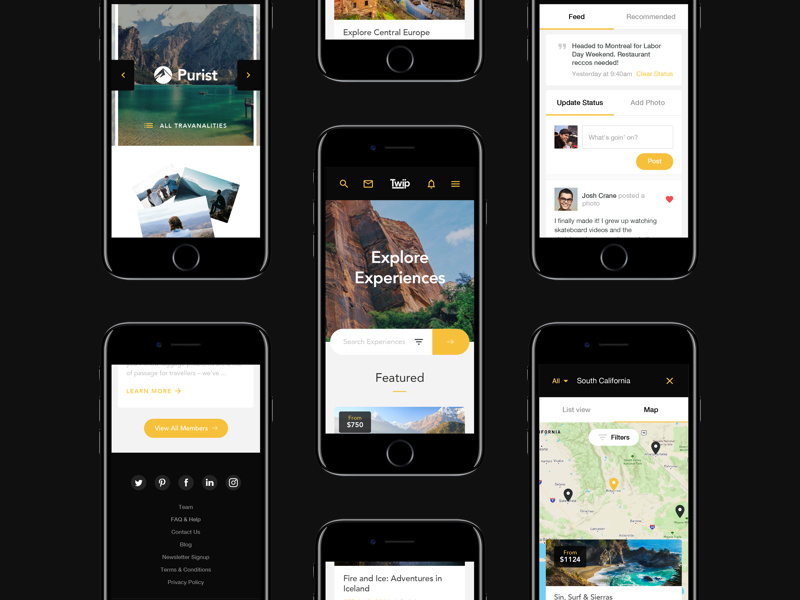 TWIP - mobile screens web travel search photo network map footer feed explore discover booking app