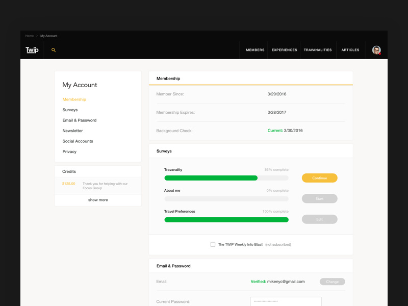 TWIP - My Account web user trip travel settings profile password membership email dashboard credits account