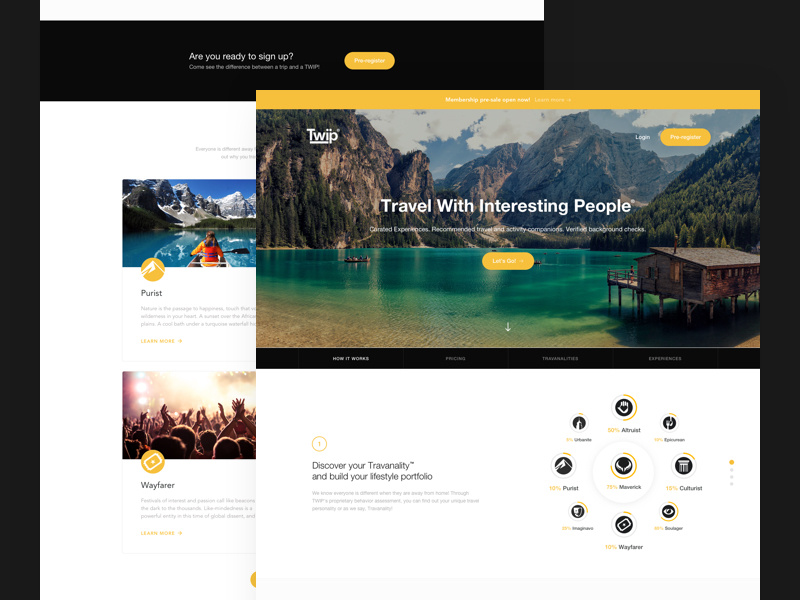 TWIP - landing page web trip travel photos page map landing explore discover cta carousel cards