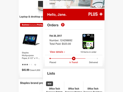 Staples.com - order tracking ecommerce grid member mobile navigation office online order product responsive shipping shopping store supplies tracker tracking web website