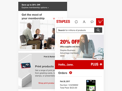 Staples.com - mobile user cart ecommerce grid hero homepage member menu mobile navigation office online order product responsive search shopping store web website