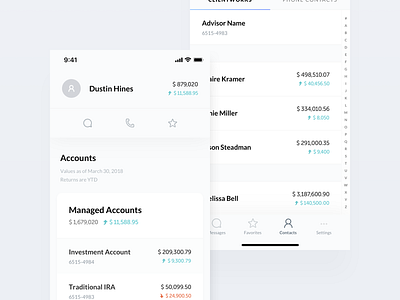 Advisor App — contacts account advisor app banking call card chat contacts directory favorites finance fintech income ios loss profile tabs user