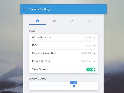 Camera Settings - Daily UI Challenge #007 camera card daily ui minimal mobile photoshop settings slider ui