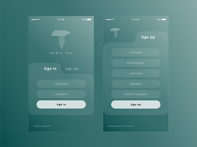 Radio Tea app branding clean design design futuristic gradient green login page logo minimal design