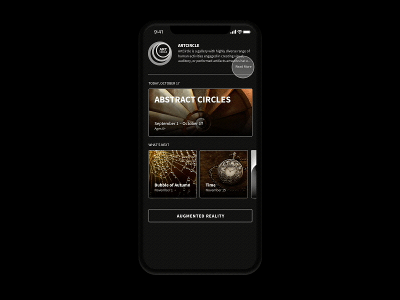 ArtCircle Gallery - AR App - animation animation ar dark ui gallery home screen interface iphone x logo map