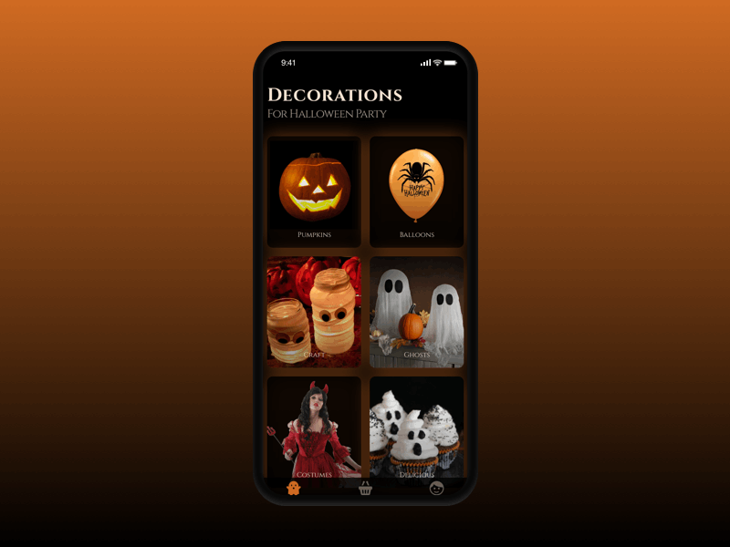 Halloween app concept 🎃 animation black concept dark ui design halloween home screen illustration interface ios iphone x items shopping cart ui vector