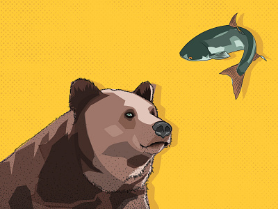 The Bear & The Fish bear fish grizzly illustration illustrator poster salmon texture vector yellow