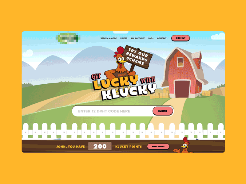 Get Lucky With Klucky Rewards Scheme character chicken enter code home illustration landing page points rewards scheme ui vector web design win prizes