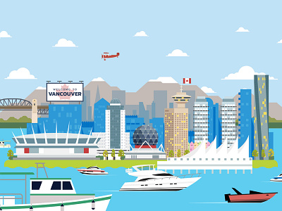 Vancouver bcplace boats buildings canada city cityscape illustration landscape mountains skyline vancouver vector