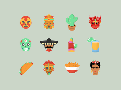 Mexicana avatars avatars cactus dayofthedead fridakahlo illustration luchador mariachi mask mayan mexico nachos pinata stickers taco tequila vector