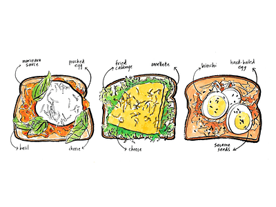 Toast Toppings 2 brush pen food and drink food illustration food menu hand drawn handwriting illustration lineart traditional art typography watercolor