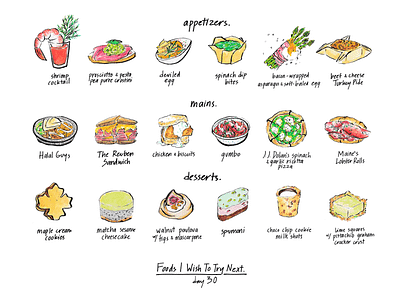 New Foods To Try Next // Day 30 brush pen food food illustration food menu food recipe hand drawn handwriting illustration traditional art watercolor