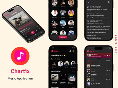 Chartix - Music Application black branding dark mode figma mobile app mobile application music music app orange pink ui ui design uiux ux