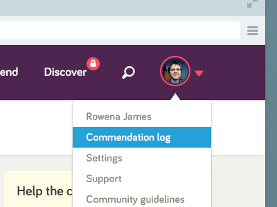 Commendation log header menu navigation user