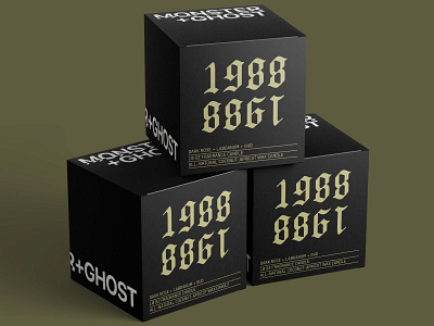 Monster + Ghost 1988 Candle Packaging black and gold black packaging branding candle design gothic graphic design packaging scent typography