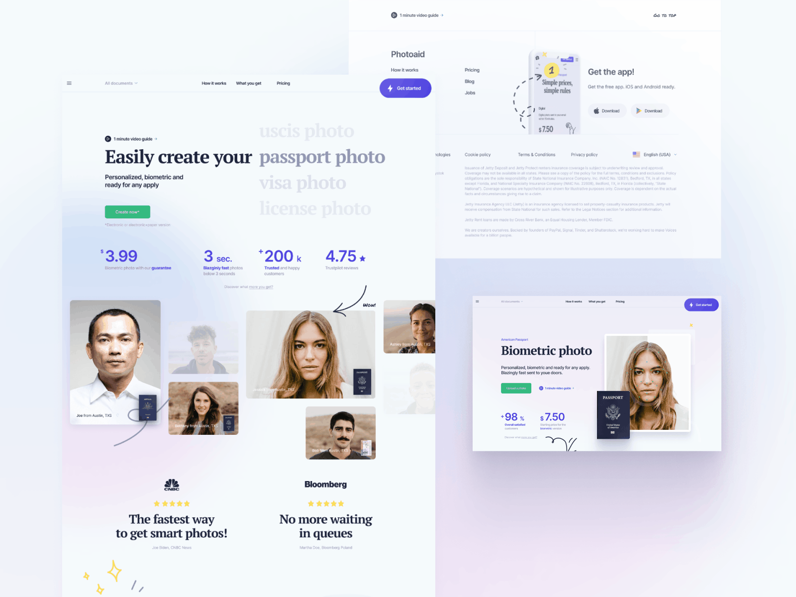 PhotoAid app biometric landing page page photo wireframing