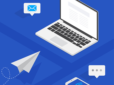 Isometric graphic of laptop, paper airplane, email notification,