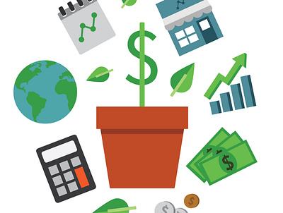 Business organic growth graphic (money, graph, coins, calculator adobe illustrator business calculator chart coins design globe graph graphic graphic design growth icon illustration money organic growth plant potted plant store vecto world