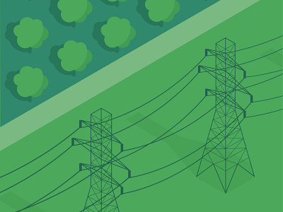 Isometric graphic of electric towers, transmission towers, trees