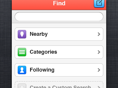 Fray Find Screen app categories custom find following fray ios iphone list nearby search