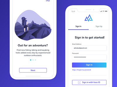 Onboarding & Login Screen for Outdoor App hiking illustration ios mountain outdoors product design sketch uidesign uxdesign