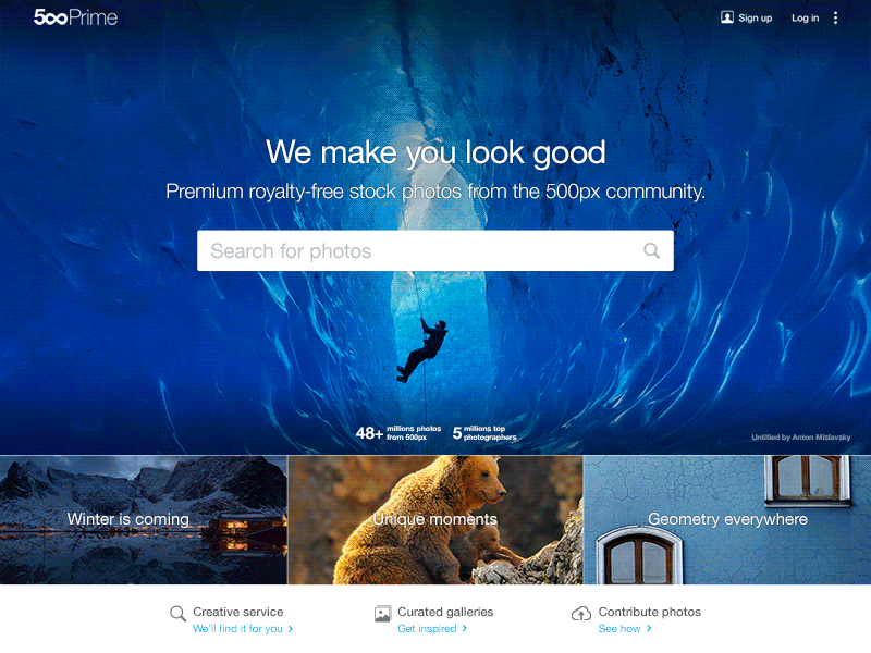 500px Prime Home Page categories footer header home page login photography search web design