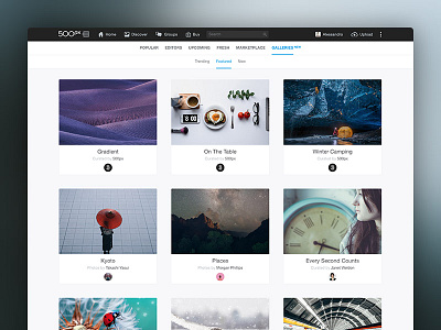 Galleries - Discover View 500px cards curation feature gallery minimal photo photography photos product design ui web design