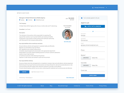Recruitment website – Job details & Job board pages blue color design material minimal platform recruitment referral ui web