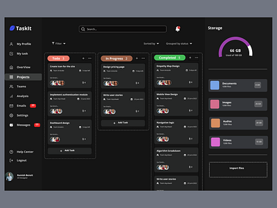 Dark mode for a task management app design ui ux web