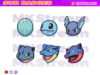 Twitch sub badges pokemon squirtle evolution pack anime blastoise cute design emotes goku illustration pokemon squirtle sub badge