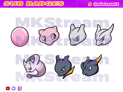 Twitch sub badges pokemon mew evolution pack animated emotes anime cute design emotes goku illustration mega evolution mew mewtwo pokemon sub badge