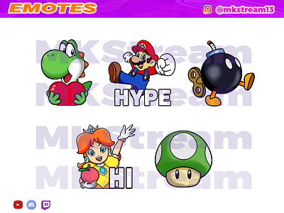 Twitch emotes super mario bros pack animated emotes anime cute design emote emotes hype illustration mario peach princess sub badge super mario bros twitch emotes yoshi