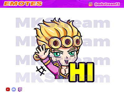 Twitch emotes jojo giorno giovanna waving hi hello animated emotes anime cute design emotes giorno giorno giovanna hello hype illustration jojo sub badge