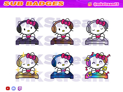 Twitch sub badges hello kitty dj music pack animated emotes anime cat cute design dj emotes hello kitty hype illustration kitty music pussy sub badge sub badges twitch sub badges