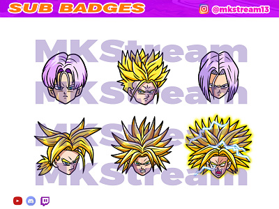 Twitch sub badges trunks evolution pack animated emotes anime cute design emotes goku hype illustration sub badge super saiyan trunks vegeta