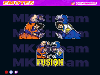 Twitch emotes goku vegeta fusion pack animated emotes anime cute design emotes fusion gg gogeta goku hype illustration luffy sub badge vegeta