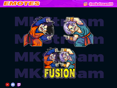 Twitch emotes goten trunks fusion pack animated emotes anime cute design emotes fusion goku goten gotenks hype illustration sub badge trunks vegeta