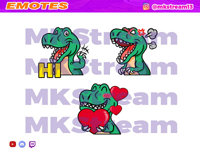 Twitch emotes cute dinosaur t-rex pack animated emotes anime design dino dinosaur dinosaurus emote emotes illustration love emotes sub badge t rex