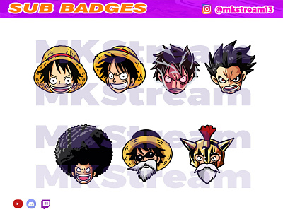 Twitch sub badges luffy evolution pack afro animated emotes anime cute design emotes gladiator goku hype illustration luffy su sub badge vegeta