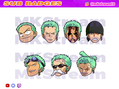 Twitch sub badges roronoa zoro evolution pack animated emotes anime cute design emotes gg goku hype illustration luffy roronoa zoro samurai sub badge vegeta zoro