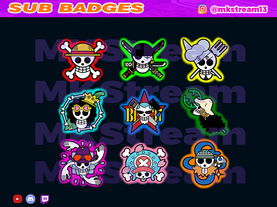 Twitch sub badges one piece pirates jolly roger pack animated emotes anime cute design emotes gg goku hype illustration joll roger jolly roger luffy pirates sub badge vegeta zoro