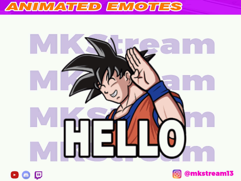 Twitch animated dragon ball son goku waving hello animated emotes anime design emotes goku hello hi illustration logo sub badge vegeta waving