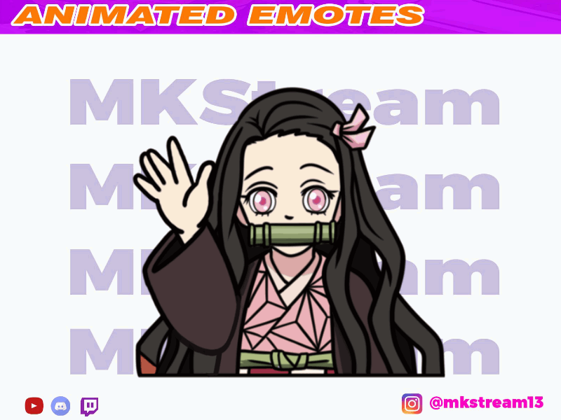 Twitch animated emotes demon slayer cute nezuko waving hi hello animated emotes branding cute demon slayer design emotes hello hi illustration nezuko sub badge waving