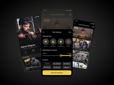 Workout App UI app design first fit fitness flutter gym mobile new training ui ux yellow